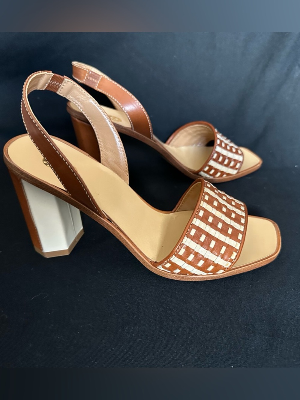 Made in Italy Brown & Cream Woven Slingback Block Heels strap and buckle sandals - Picture 3 of 16